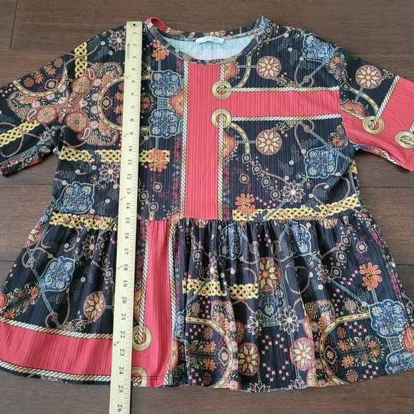 Zara Trafaluc Women's Mixed Pattern Multicolor Short Sleeve Peplum Top Size L - Picture 9 of 10